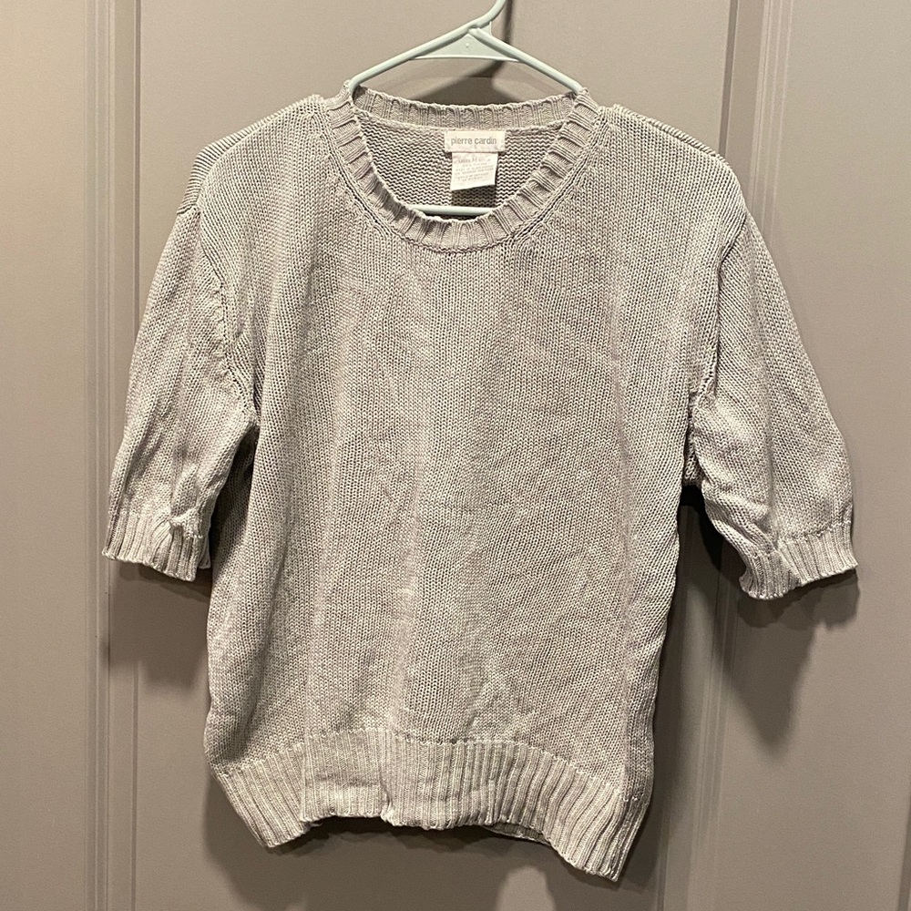Pierre Cardin Short Sleeve Sweater Gray Cotton Knit Classic Minimalist Top M